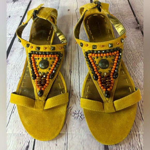 Nine West Medallion Beaded Boho Festival Prairie Wedge Heel Leather Sandals 9.5 - Picture 1 of 7